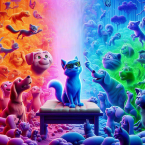 GATO E CACHORRO EM LUZES COLORIDAS DA CROMOTERAPIA